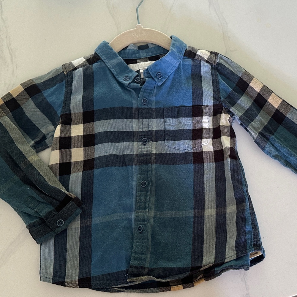 Burberry Kids Teal and Black Plaid Button Down Shirt